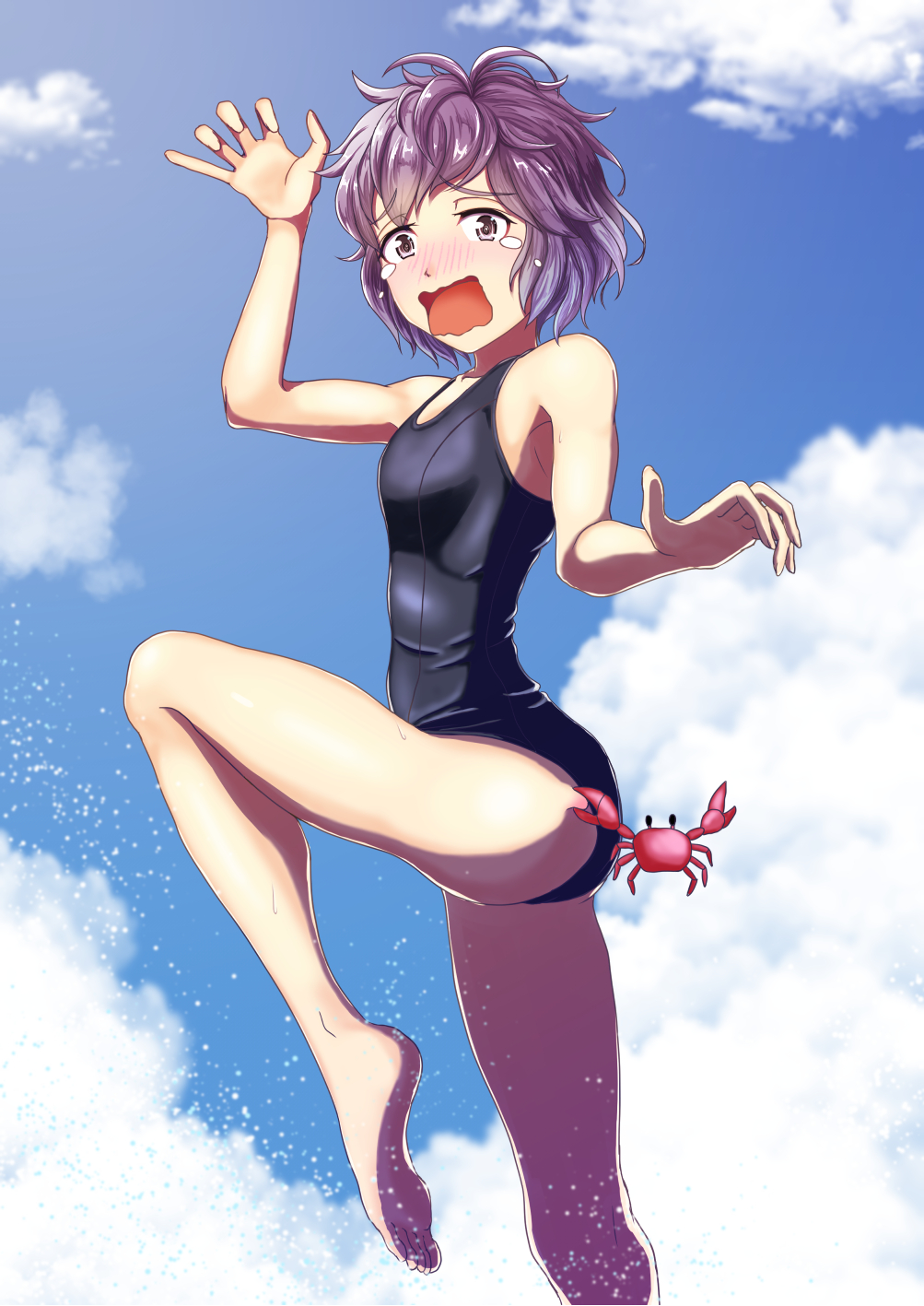 1girl animal bernadetta_von_varley claws clouds crab cute day fire_emblem fire_emblem:_three_houses fire_emblem:_three_houses fire_emblem_16 gzo1206 human intelligent_systems loli nintendo one-piece_swimsuit open_mouth outdoors pinching purple_hair scared sea_creature sky solo splash splashing summer swimsuit tears violet_eyes