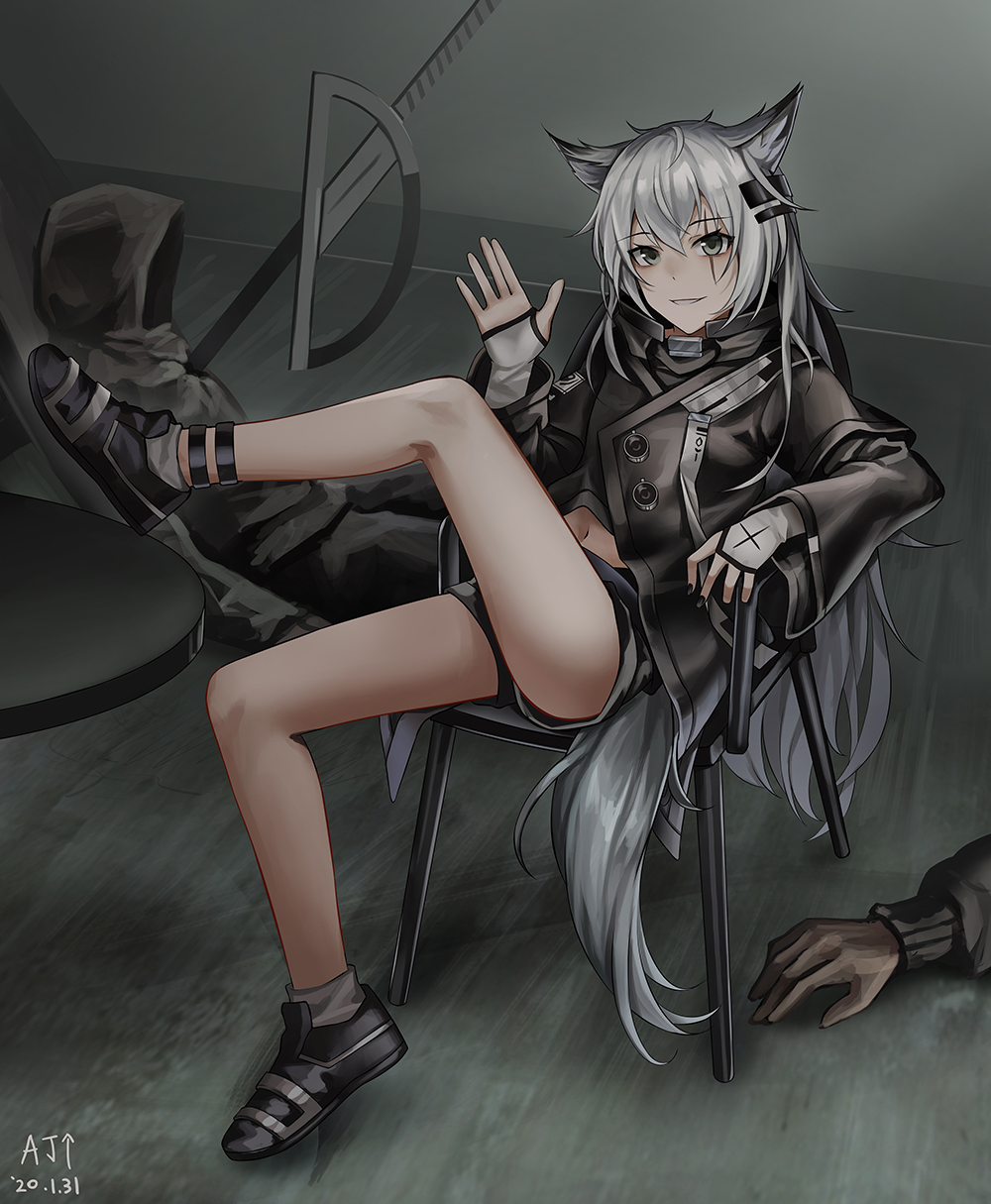 1girl ahoge animal_ears ark_john_up arknights bare_legs black_footwear black_jacket black_shorts chair commentary crossed_legs dated death english_commentary eyebrows_visible_through_hair facial_scar fingerless_gloves full_body gloves grey_eyes grey_legwear grin hair_between_eyes hair_ornament highres indoors jacket katana lappland_(arknights) long_hair long_sleeves looking_at_viewer midriff navel scar scar_across_eye shoes short_shorts shorts signature silver_hair sitting smile socks solo_focus sword table tail thighs waving weapon white_gloves wolf_ears wolf_tail