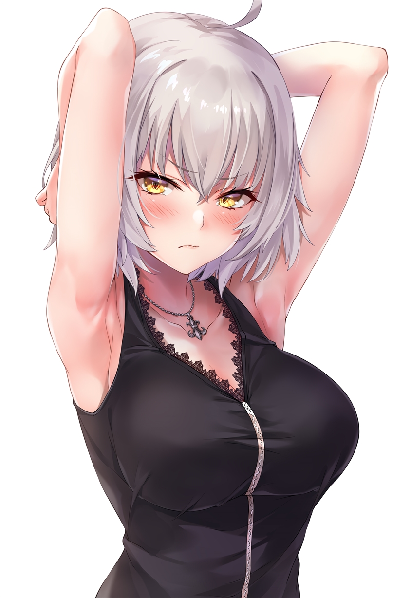 1girl ahoge armpits arms_behind_head arms_up bangs black_dress blush breasts closed_mouth collarbone commentary_request crossed_bangs dress fate/grand_order fate_(series) full-length_zipper hair_between_eyes highres jeanne_d'arc_(alter)_(fate) jeanne_d'arc_(fate)_(all) jewelry large_breasts looking_at_viewer marisasu_(marisa0904) necklace short_dress short_hair silver_hair wicked_dragon_witch_ver._shinjuku_1999 yellow_eyes zipper