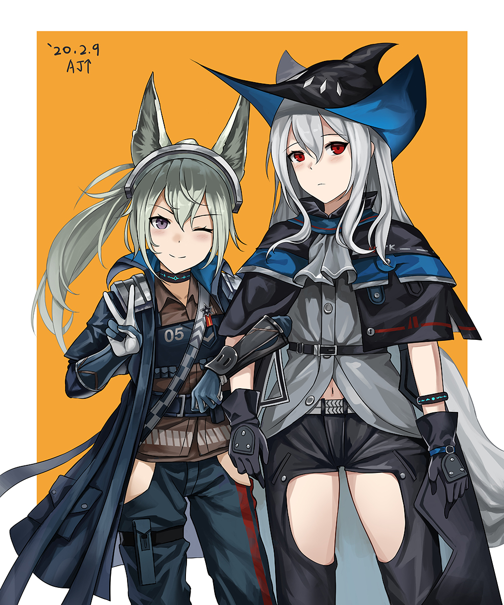 2girls animal_ears ark_john_up arknights belt belt_pouch black_capelet black_gloves black_headwear black_pants blue_coat blue_pants blush bracelet breasts brown_shirt capelet closed_mouth coat collared_shirt commentary cowboy_shot dated english_commentary eyebrows_visible_through_hair eyelashes gloves grani_(arknights) green_hair grey_jacket grey_neckwear hair_between_eyes hat highres horse_ears jacket jewelry locked_arms long_hair looking_at_viewer medal midriff multiple_girls navel neckerchief one_eye_closed open_clothes open_coat orange_background pants ponytail pouch red_eyes shirt side-by-side signature silver_hair simple_background skadi_(arknights) small_breasts smile standing striped sword thigh_cutout thigh_pouch thigh_strap thighs v vertical_stripes violet_eyes weapon white_gloves wing_collar