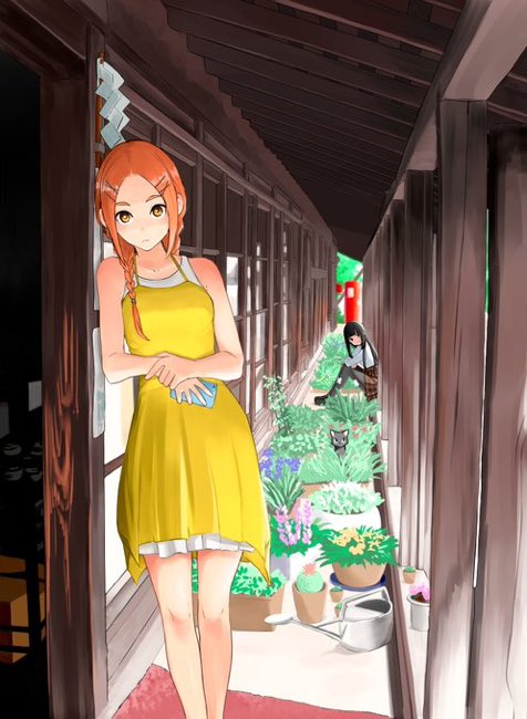 2girls bare_shoulders braid brown_eyes brown_hair cat cellphone chito_(flying_witch) dress flower flower_pot flying_witch hair_ornament hairclip hallway ishiwatari_nao ishizuka_chihiro japanese_house kowata_makoto looking_at_viewer multiple_girls phone smartphone solo_focus sundress tagme twin_braids twintails