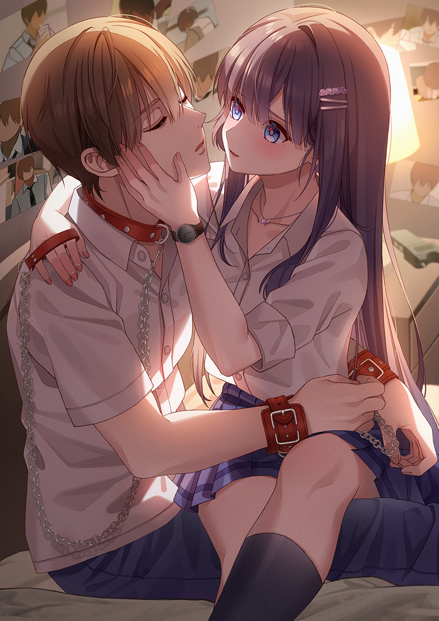 1boy 1girl blue_eyes chain closed_eyes collar hair_ornament hand_on_another's_cheek hand_on_another's_face highres je35353577 jewelry leash mole mole_under_eye necklace original photo_(object) purple_hair restrained school_uniform sitting sitting_on_lap sitting_on_person skirt watch watch yandere