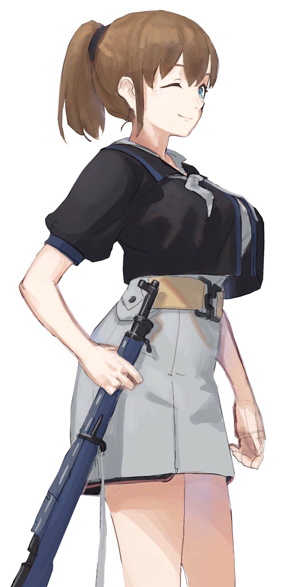 1girl black_shirt blue_eyes breasts brown_hair cowboy_shot grey_neckwear gun highres intrepid_(kantai_collection) kantai_collection large_breasts looking_at_viewer lynchis m1903_springfield miniskirt ponytail rifle shirt short_hair simple_background skirt smile solo weapon white_background white_skirt