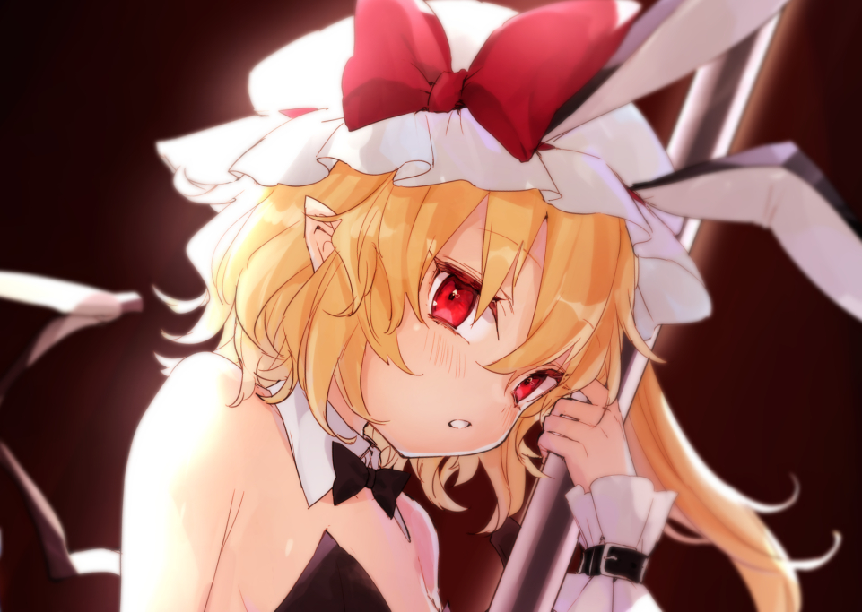 1girl animal_ears bangs bare_arms bare_shoulders black_background black_bow black_leotard black_neckwear blonde_hair bow bowtie breasts bunnysuit commentary_request crystal detached_collar dutch_angle eyebrows_visible_through_hair fake_animal_ears flandre_scarlet hair_between_eyes hand_up hat hat_bow honotai leotard long_hair looking_at_viewer mob_cap one_side_up parted_lips pointy_ears pole rabbit_ears red_bow red_eyes simple_background small_breasts solo strapless strapless_leotard touhou upper_body white_headwear wings wrist_cuffs