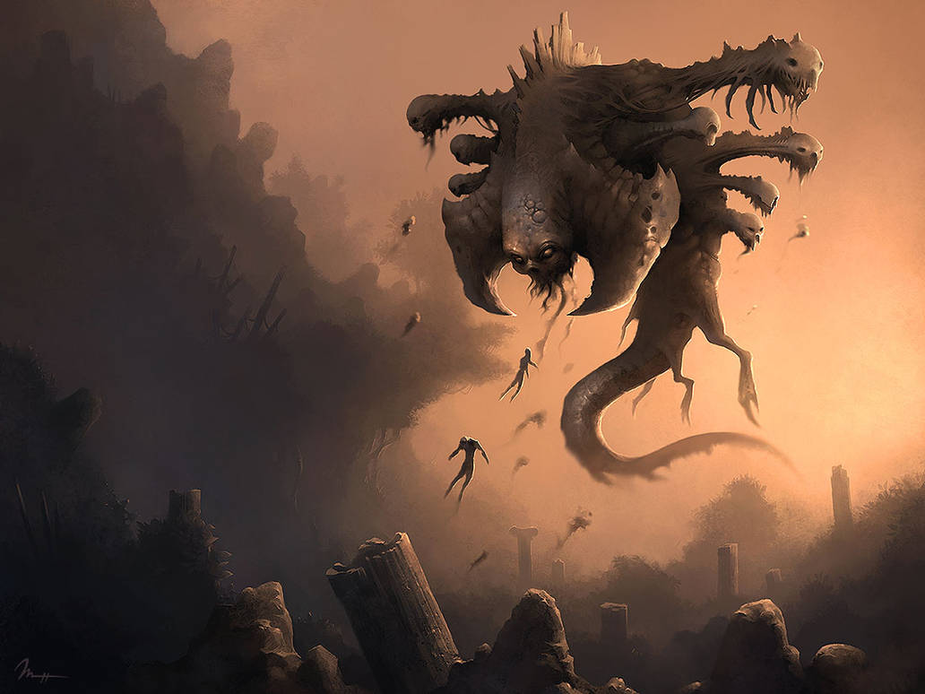 alien appendage clouds colored_skin creature creature_and_personification debris destruction dragon dreamphaser eating fog grey_skin horrified horror_(theme) long_tail open_mouth original pillar ruins silhouette sky spikes tail