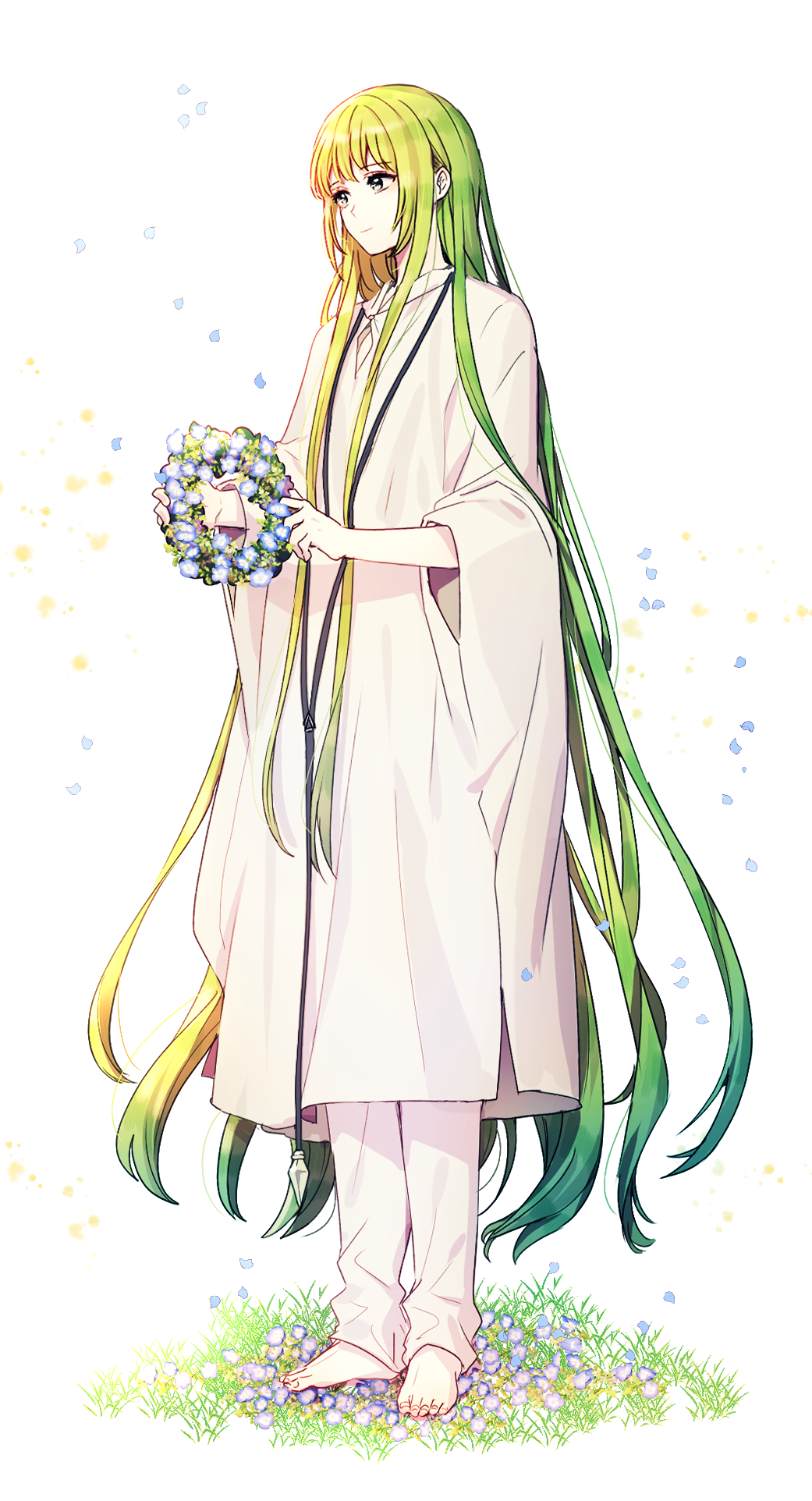 1other bangs barefoot closed_mouth ede enkidu_(fate/strange_fake) eyebrows_visible_through_hair fate/grand_order fate/strange_fake fate_(series) flower from_side full_body grass green_eyes green_hair highres holding long_hair looking_to_the_side otoko_no_ko pants robe sidelocks simple_background smile solo standing very_long_hair white_background white_pants wide_sleeves