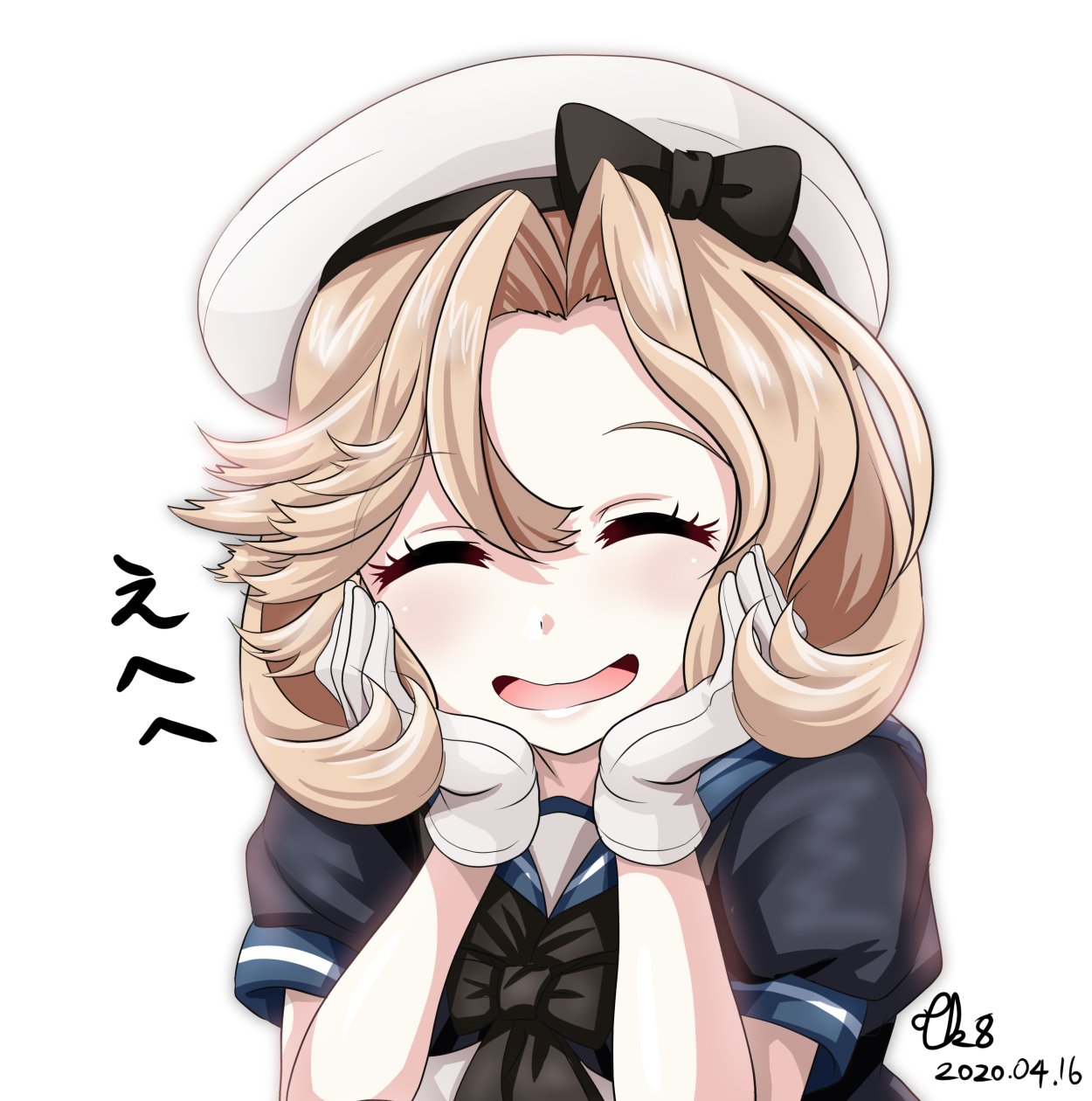 1girl bangs black_neckwear blonde_hair blue_eyes blue_sailor_collar closed_eyes commentary_request dated dress facing_viewer gloves hands_on_own_face hat highres janus_(kantai_collection) kantai_collection parted_bangs sailor_collar sailor_dress sailor_hat short_hair short_sleeves signature simple_background smile solo tk8d32 upper_body white_background white_dress white_gloves white_headwear