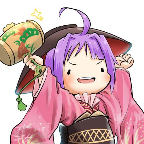 ._. 1girl ahoge arms_up avatar_icon bowl bowl_hat chamaji commentary floral_print hair_intakes hat holding holding_weapon japanese_clothes kimono long_sleeves looking_at_viewer lowres mallet minigirl miracle_mallet obi pink_kimono purple_hair sash signature smile solid_oval_eyes solo sparkle sukuna_shinmyoumaru tassel touhou upper_body weapon white_background wide_sleeves