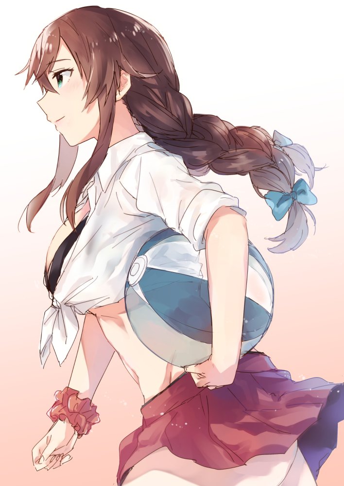 1girl alternate_costume ass_visible_through_thighs ball beachball bikini blue_eyes blue_ribbon breasts brown_hair cowboy_shot from_side groin_tendon kantai_collection large_breasts long_braid navel noshiro_(kantai_collection) red_scrunchie red_skirt ribbon satsumi scrunchie shirt skirt smile solo swimsuit swimsuit_under_clothes thighs tied_shirt under_boob white_shirt wrist_scrunchie