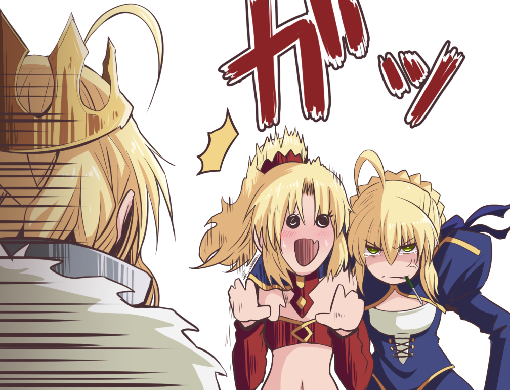 3girls ahoge angry artoria_pendragon_(all) artoria_pendragon_(lancer) bangs blue_dress blush braid breasts commentary_request crown detached_sleeves dress eyebrows_visible_through_hair fang fate/grand_order fate_(series) food fujitaka_nasu hair_between_eyes hair_ornament hair_scrunchie mordred_(fate) mordred_(fate)_(all) multiple_girls navel parted_bangs pocky puffy_sleeves red_scrunchie red_sleeves saber scrunchie simple_background skin_fang small_breasts white_background