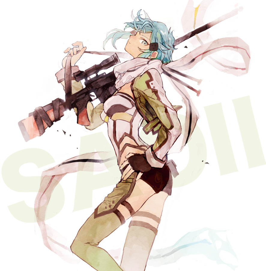 1girl aqua_hair bangs black_gloves blue_hair breasts closed_mouth fingerless_gloves floating from_side gloves green_legwear grey_eyes grey_scarf gun hair_ornament hairclip hand_on_hip holding holding_gun holding_weapon looking_at_viewer pgm_hecate_ii rifle scarf scope short_hair short_shorts shorts sidelocks simple_background sinon sniper_rifle solo standing sword_art_online weapon white_background yubari