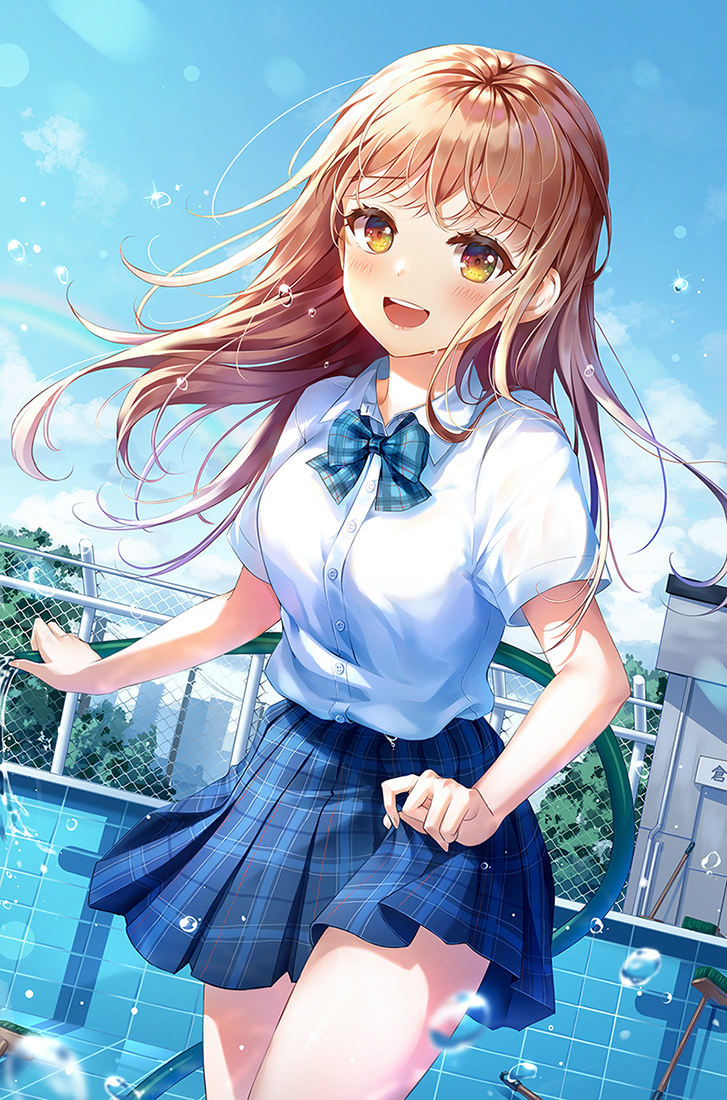 1girl :d bangs blue_bow blue_skirt blue_sky blush bow breasts brown_eyes brown_hair clouds collared_shirt commentary_request connie_(keean2019) day dress_shirt dutch_angle empty_pool eyebrows_visible_through_hair floating_hair holding hose large_breasts long_hair looking_at_viewer medium_breasts open_mouth original outdoors plaid plaid_bow plaid_skirt pleated_skirt pool rainbow round_teeth school_uniform shirt short_sleeves skirt sky smile solo teeth tile_wall tiles upper_teeth water water_drop white_shirt