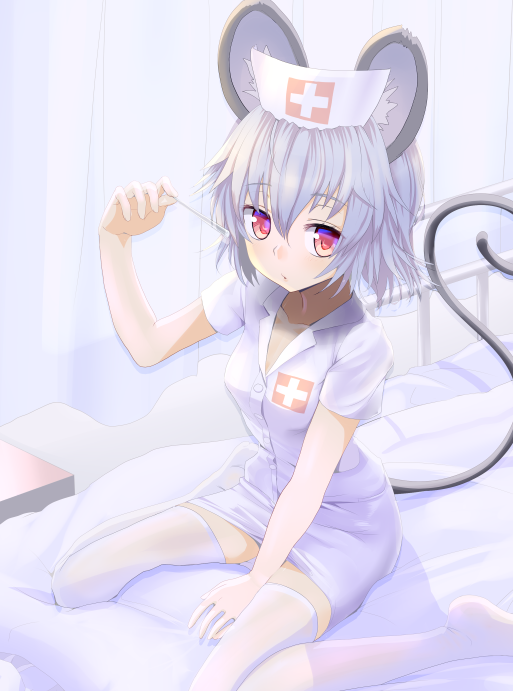 1girl animal_ear_fluff animal_ears bed curtains dress eyebrows_visible_through_hair greek_cross hat hospital_bed ishikkoro mouse_ears mouse_tail nazrin nurse nurse_cap on_bed red_cross red_eyes short_hair silver_hair sitting sitting_on_bed solo tail thigh-highs touhou wariza white_dress white_legwear zettai_ryouiki