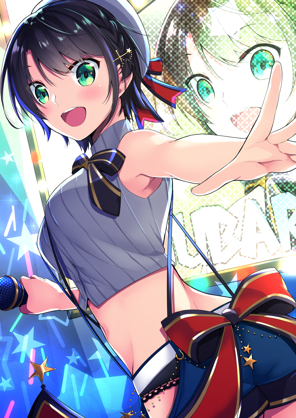 1girl aqua_eyes armpit_peek asymmetrical_bangs bangs belt beret black_bow black_hair black_neckwear black_shorts bow bowtie breasts commentary concert cowboy_shot cropped_shirt foreshortening glowstick hair_between_eyes hair_ornament hat hat_ribbon highres hip_vent hololive looking_at_viewer medium_breasts microphone midriff navel oozora_subaru open_mouth outstretched_hand parted_bangs ribbed_shirt ribbon screen shirt short_hair short_shorts shorts sleeveless sleeveless_shirt smile solo star suspender_shorts suspenders turtleneck twisted_torso virtual_youtuber white_headwear yukino_(yukinosora1126)