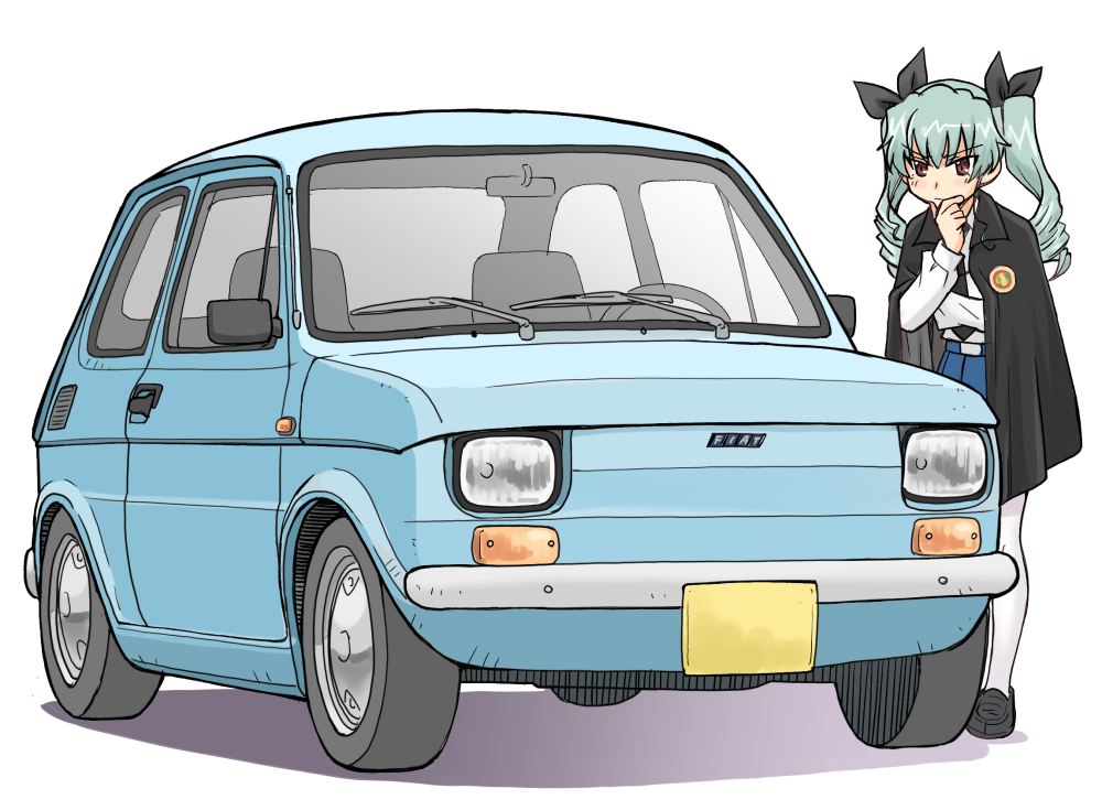 1girl anchovy_(girls_und_panzer) anzio_school_uniform bangs belt black_cape black_footwear black_neckwear black_ribbon blue_skirt cape car commentary_request dress_shirt drill_hair eyebrows_visible_through_hair fiat_126 girls_und_panzer green_hair ground_vehicle hair_ribbon hand_on_own_chin loafers long_hair long_sleeves miniskirt motor_vehicle necktie pantyhose pleated_skirt red_eyes ribbon school_uniform shirt shoes simple_background skirt solo standing sweatdrop thinking twin_drills twintails uona_telepin white_background white_legwear white_shirt