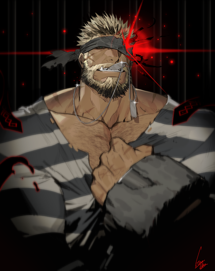 1boy balor_(tokyo_houkago_summoners) bara beard black_hair blue_eyes chain chest chest_hair cuffs facial_hair fang glowing glowing_eye gomtang handcuffs jewelry long_sleeves looking_at_viewer male_focus mouth_hold multicolored_hair muscle necklace pectorals prison_clothes red_eyes scar shirt solo tearing_clothes teeth tokyo_houkago_summoners torn_clothes two-tone_hair upper_body