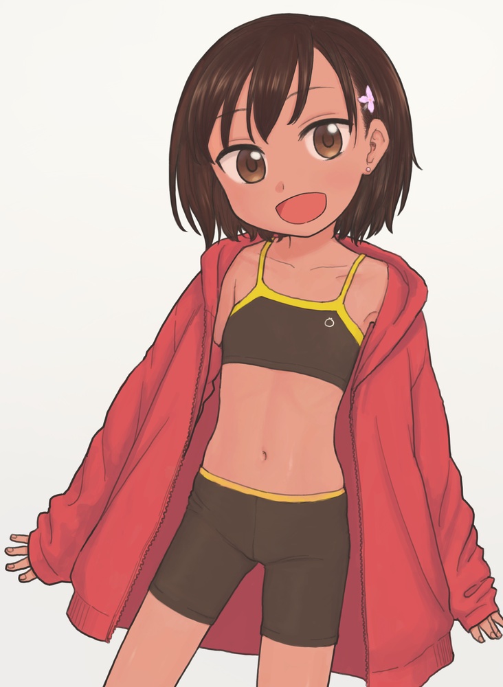 1girl :d armpit_crease bike_shorts brown_eyes brown_hair child collarbone dark_skin ear_piercing earrings female flat_chest hair_ornament jacket jewelry looking_at_viewer midriff navel omodaka_(nitera1041) open_mouth original oversized_clothes red_jacket short_hair shorts sleeves_past_wrists smile solo sports_bra tan white_background