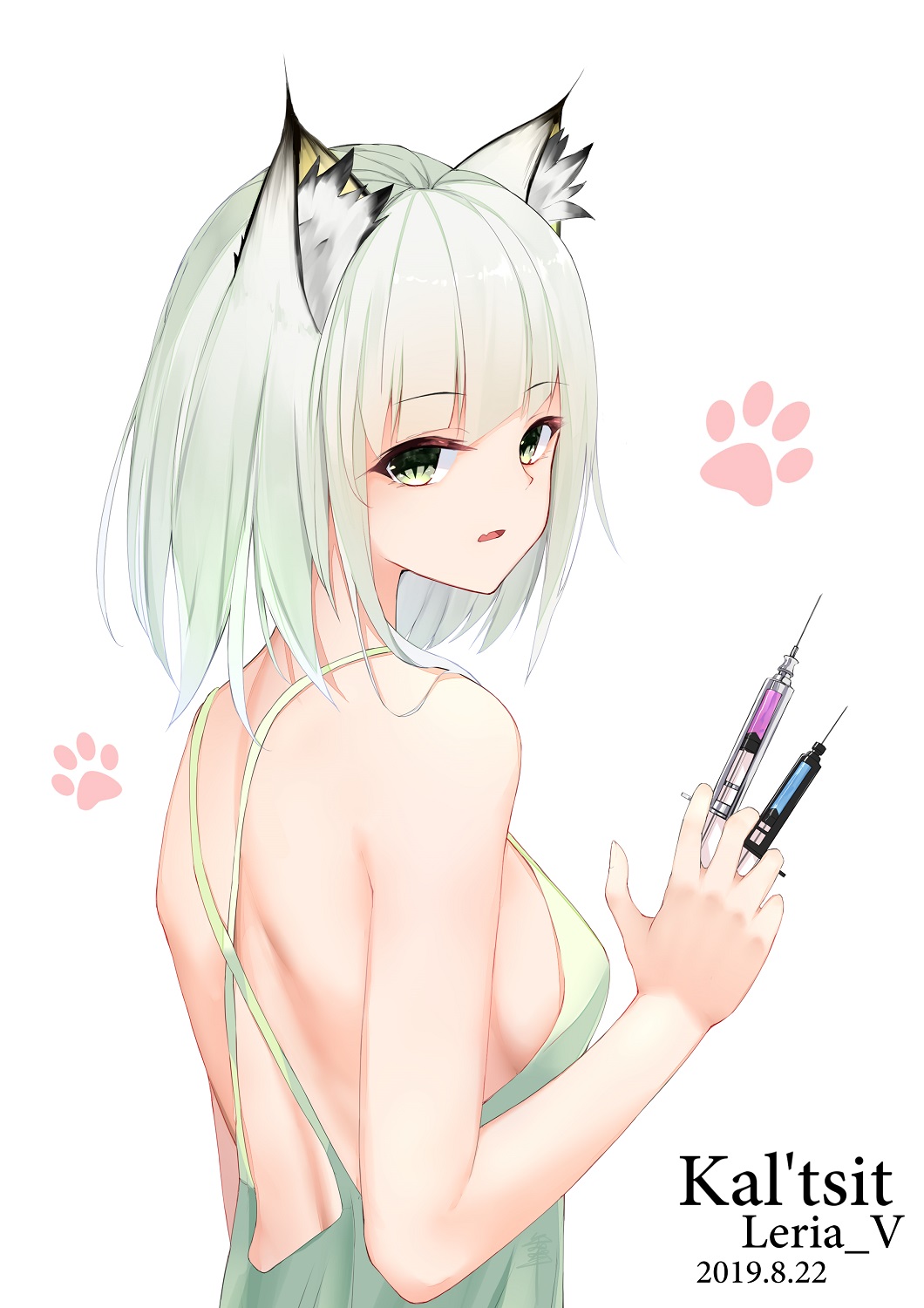 1girl animal_ear_fluff animal_ears arknights artist_name back backless_dress backless_outfit breasts cat_ears character_name chinese_commentary dated dress eyebrows_visible_through_hair fang green_dress green_eyes highres kal'tsit leria_v looking_at_viewer looking_back medium_breasts medium_hair open_mouth paw_print sideboob silver_hair simple_background sleeveless solo spaghetti_strap straight_hair syringe upper_body white_background