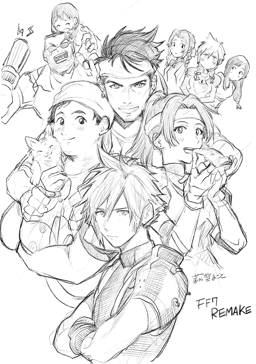 4boys 4girls aerith_gainsborough artist_request barret_wallace biggs_(ff7) cat cloud_strife commentary_request crossdressinging eating father_and_daughter final_fantasy final_fantasy_vii final_fantasy_vii_remake food highres jessie_(ff7) marlene_wallace multiple_boys multiple_girls pizza sketch smile tifa_lockhart translation_request wedge_(ff7)