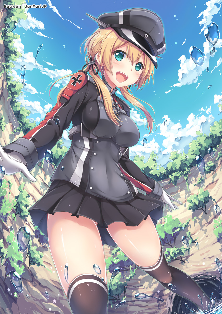 1girl anchor_hair_ornament aqua_eyes ass_visible_through_thighs black_ribbon blonde_hair clouds cloudy_sky day fisheye gloves hair_ornament hat highres iron_cross kantai_collection kneehighs long_hair long_sleeves low_twintails military military_hat military_uniform peaked_cap pleated_skirt prinz_eugen_(kantai_collection) ribbon skirt sky solo splashing twintails uniform water white_gloves yuriko