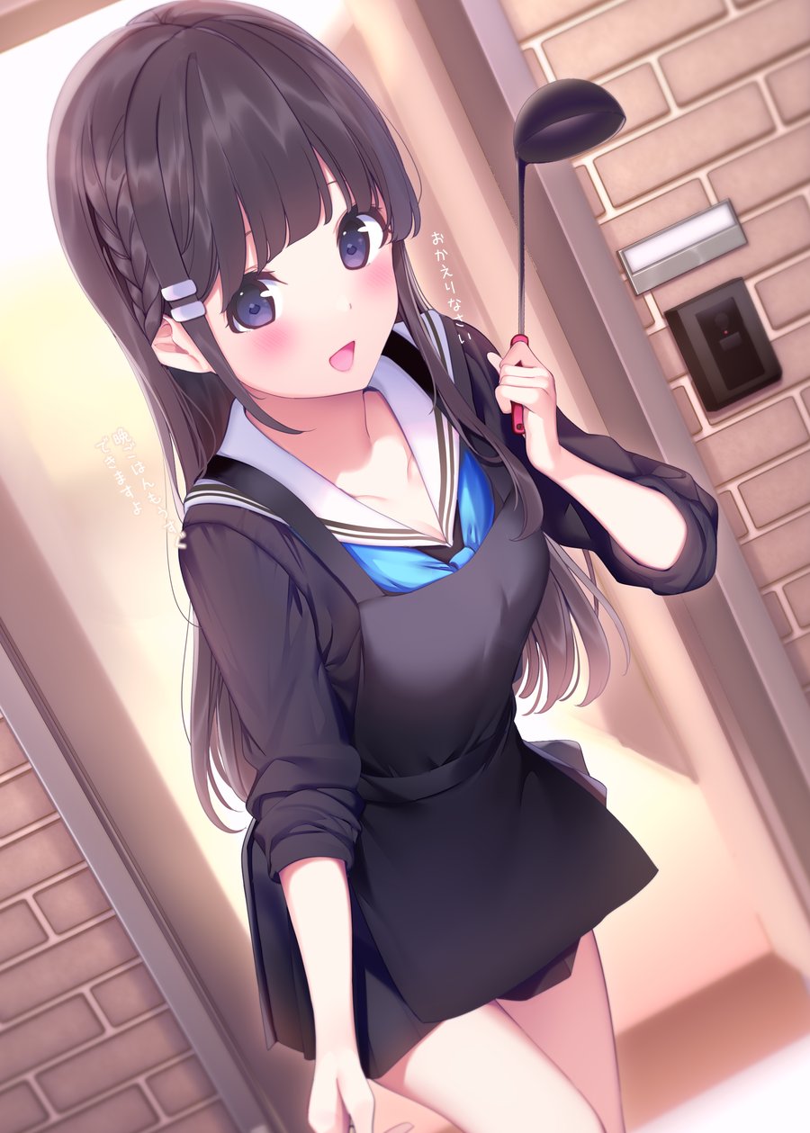 1girl :d apron bangs black_apron black_hair black_serafuku black_shirt black_skirt blue_neckwear blush braid brick_wall chikuwa. commentary_request doorway dutch_angle eyebrows_behind_hair hair_ornament hairclip highres holding ladle long_hair looking_at_viewer neckerchief open_mouth original pleated_skirt sailor_collar school_uniform serafuku shirt short_sleeves skirt smile solo standing standing_on_one_leg translation_request very_long_hair violet_eyes white_sailor_collar