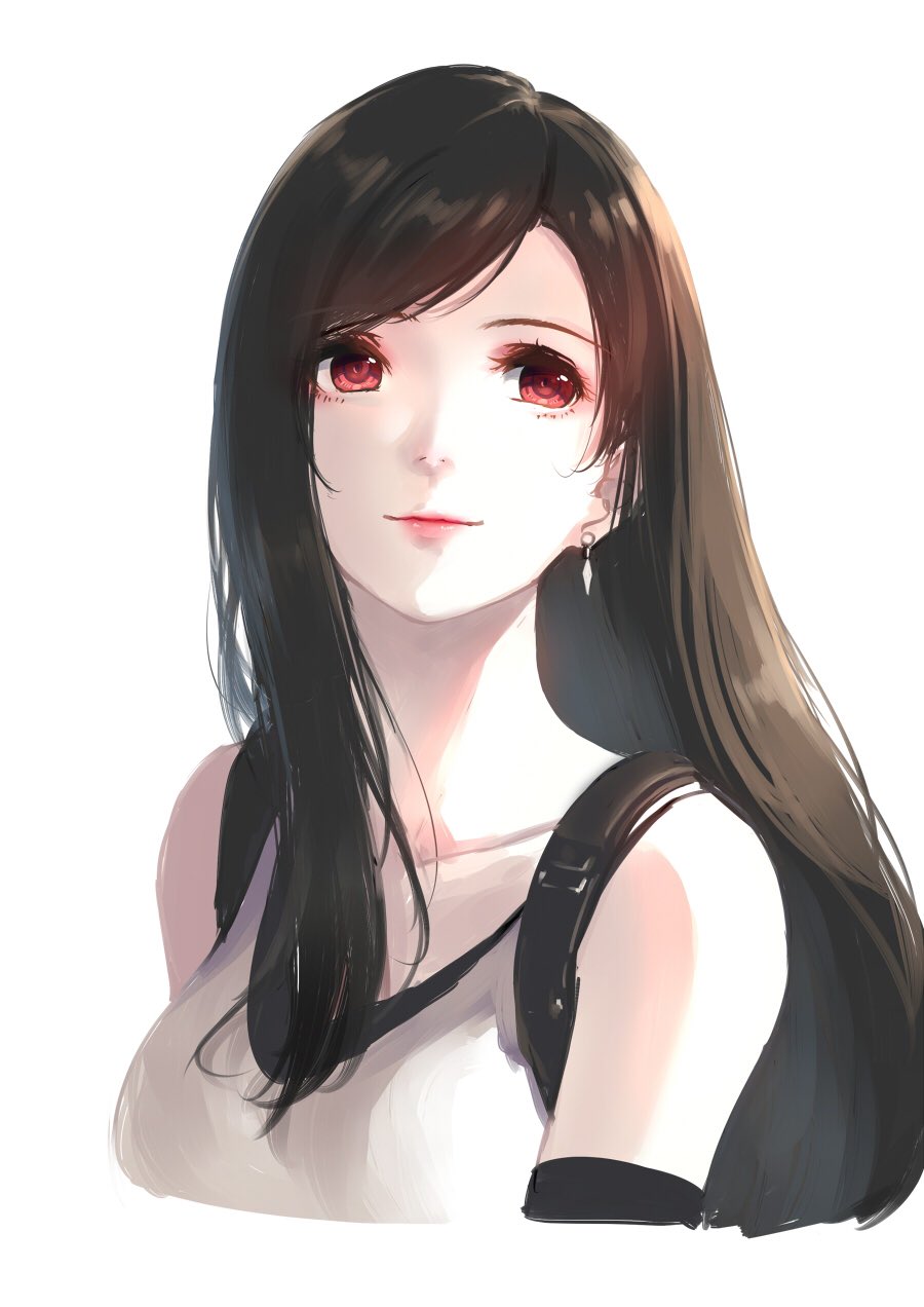 1girl bare_shoulders black_hair breasts brown_hair caidychen collarbone commentary_request earrings eyebrows_visible_through_hair final_fantasy final_fantasy_vii highres jewelry long_hair looking_at_viewer red_eyes shirt simple_background sleeveless sleeveless_shirt smile solo suspenders tank_top tifa_lockhart upper_body white_background white_shirt