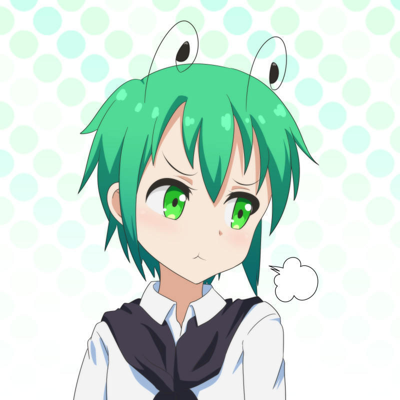 1girl :t =3 antennae black_cape cape cato_(monocatienus) commentary_request gradient gradient_background green_background green_eyes green_hair hair_between_eyes head_tilt long_sleeves looking_to_the_side polka_dot polka_dot_background pout shirt short_hair solo standing touhou white_shirt wriggle_nightbug