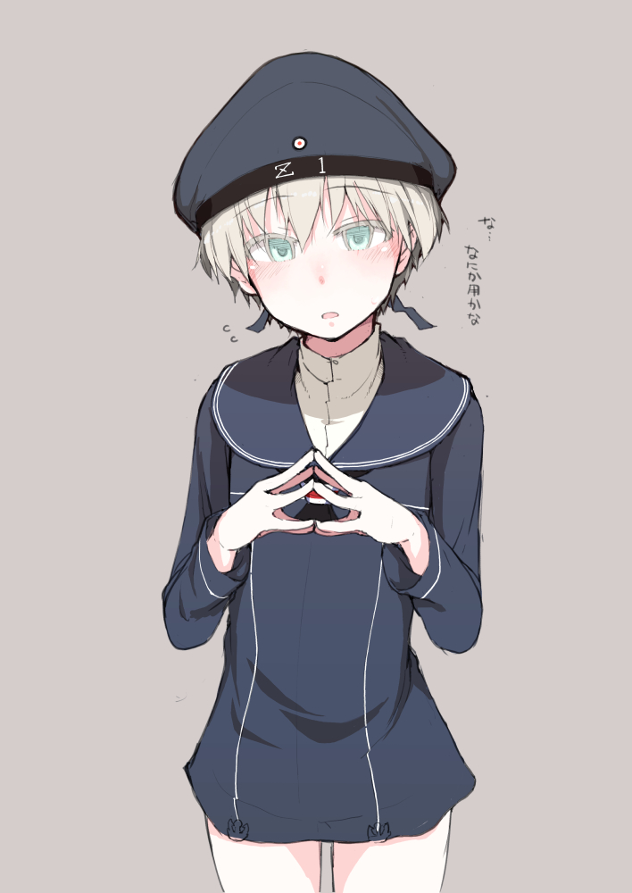 1girl bangs blue_dress blue_eyes blue_headwear blush clothes_writing dress eyebrows_visible_through_hair fingers_together flying_sweatdrops grey_background hat kantai_collection long_sleeves open_mouth ryou sailor_collar sailor_dress sailor_hat short_hair silver_hair simple_background solo sweat translation_request z1_leberecht_maass_(kantai_collection)