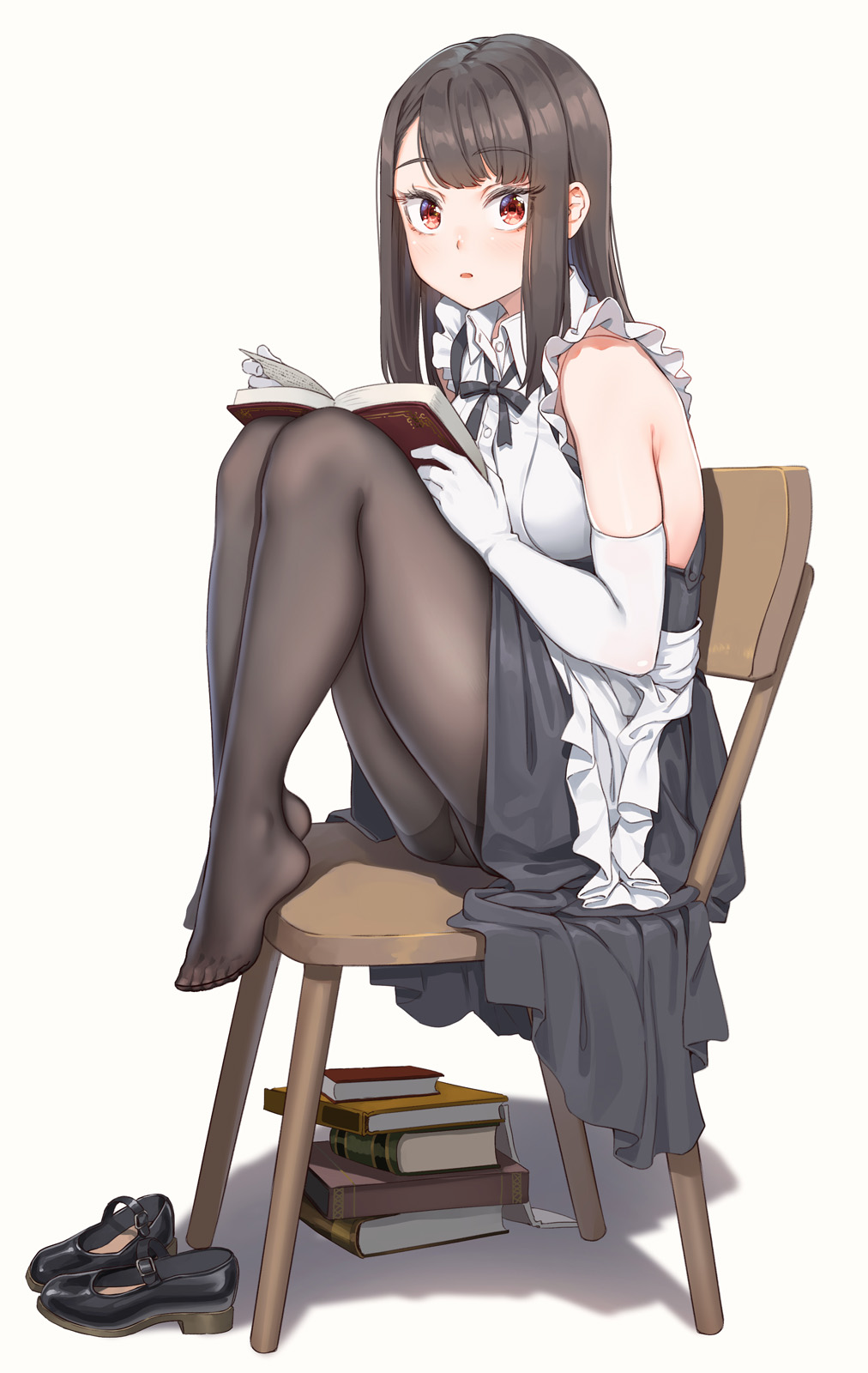 1girl apron armpit_crease ass bare_shoulders black_dress black_footwear black_hair black_legwear black_neckwear book book_stack breasts chair dress elbow_gloves fangxiang_cuoluan feet frilled_dress frills full_body gloves highres holding knees_up long_hair looking_at_viewer maid maid_apron mary_janes medium_breasts neck_ribbon open_book original pantyhose parted_lips plantar_flexion red_eyes ribbon shoes shoes_removed sidelocks simple_background sitting skindentation sleeveless sleeveless_dress solo thighband_pantyhose white_background white_gloves wide-eyed wing_collar