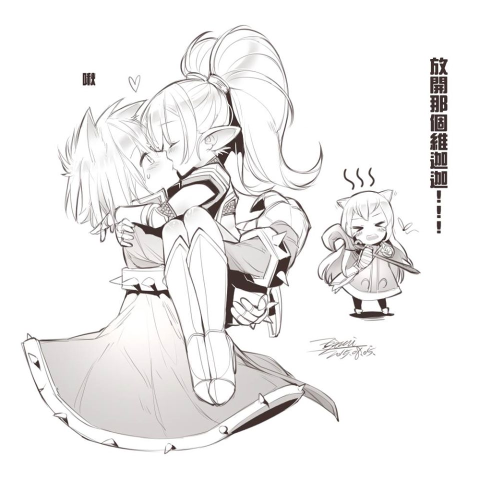 &gt;_&lt; 1boy 2girls animal_ears armor blush carrying chinese_text closed_eyes ejami greyscale heart hug jealous kiss league_of_legends long_hair lulu_(league_of_legends) monochrome multiple_girls open_mouth pointy_ears poppy princess_carry signature simple_background spikes staff tears twintails veigar white_background yordle