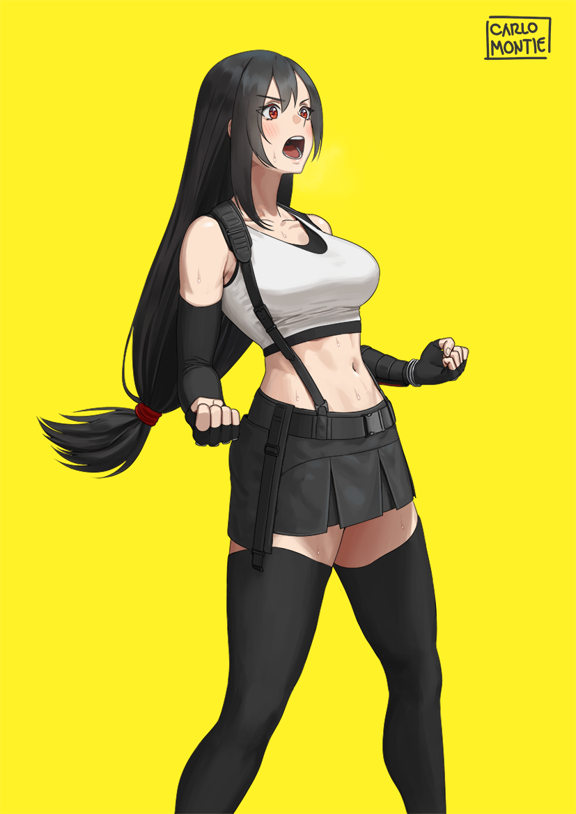 1girl :o bangs bare_shoulders black_gloves black_hair black_skirt breasts brown_eyes carlo_montie clenched_hands eyebrows_visible_through_hair final_fantasy final_fantasy_vii final_fantasy_vii_remake fingerless_gloves gloves hair_between_eyes large_breasts long_hair low-tied_long_hair midriff miniskirt navel open_mouth pencil_skirt shirt skirt suspender_skirt suspenders sweat tank_top taut_clothes taut_shirt thigh-highs thighs tifa_lockhart white_tank_top yellow_background