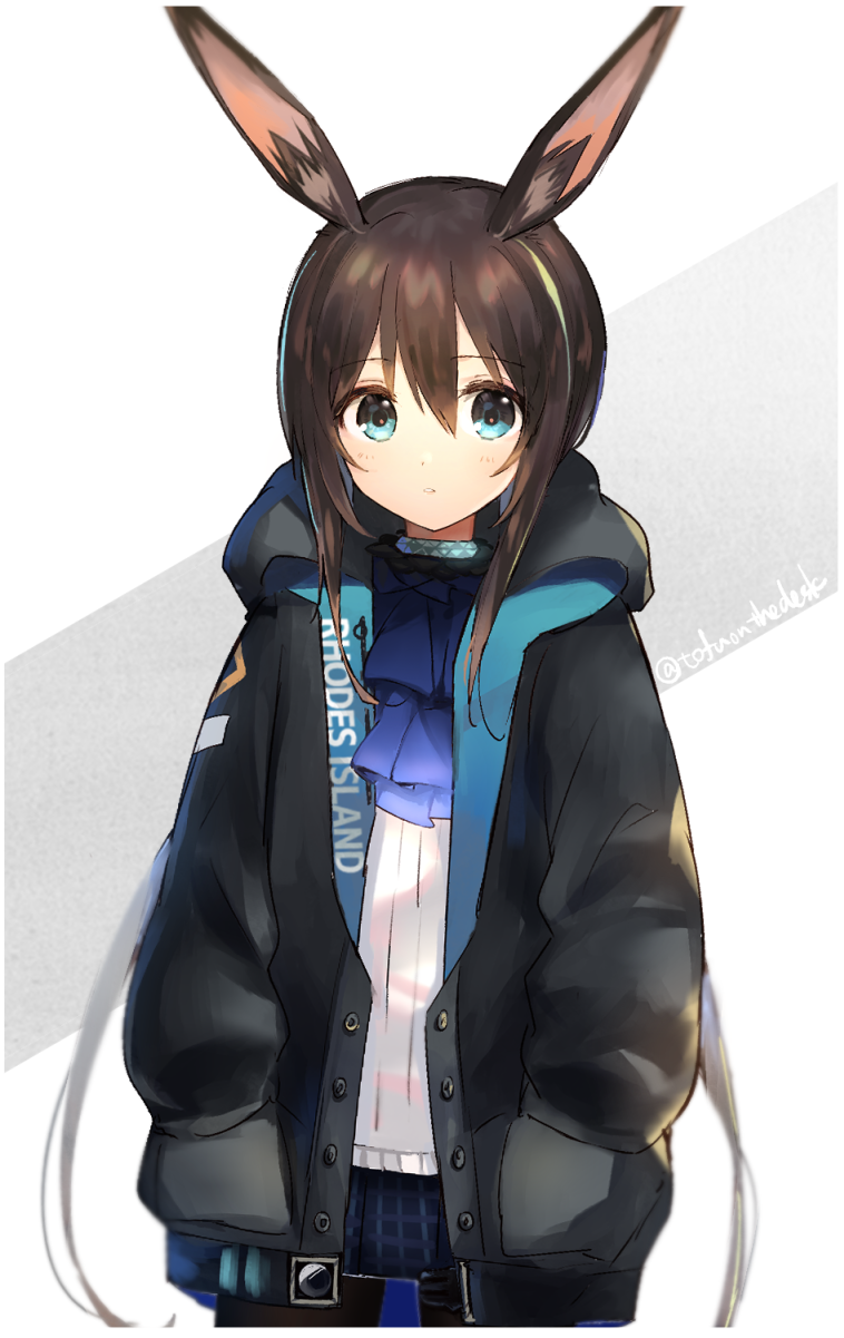 1girl amiya_(arknights) animal_ears arknights black_jacket black_legwear blue_eyes blue_neckwear blue_skirt brown_hair closed_mouth commentary cowboy_shot expressionless eyebrows_visible_through_hair hair_between_eyes hands_in_pockets highres hood hooded_jacket jacket jewelry long_hair looking_at_viewer miniskirt neck_ring neckerchief open_clothes open_jacket pantyhose plaid plaid_skirt pur_can rabbit_ears ribbed_sweater simple_background skirt solo sweater twintails twitter_username white_background white_sweater