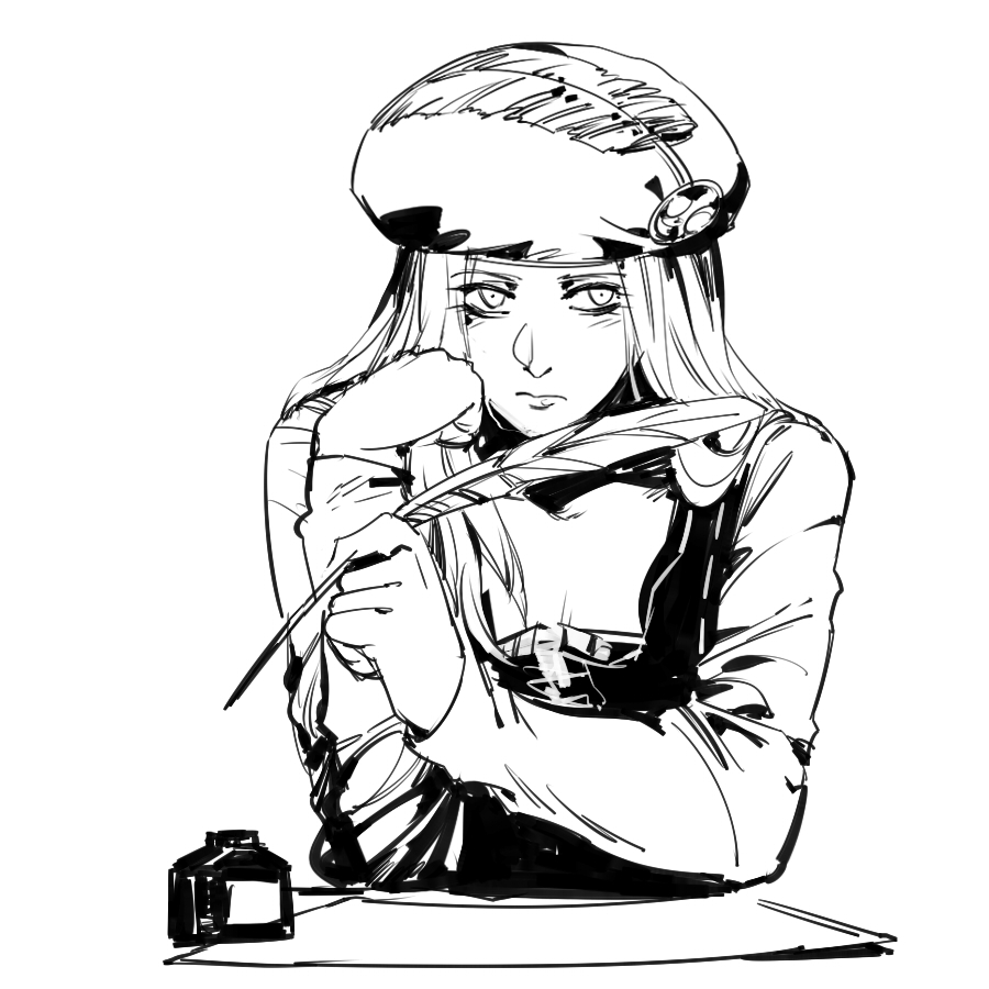 1girl beret closed_mouth greyscale hand_up hat holding ink_bottle long_hair long_sleeves monochrome priscilla_(the_witcher) quill ruukii_drift shirt simple_background solo the_witcher_3 thinking upper_body white_background