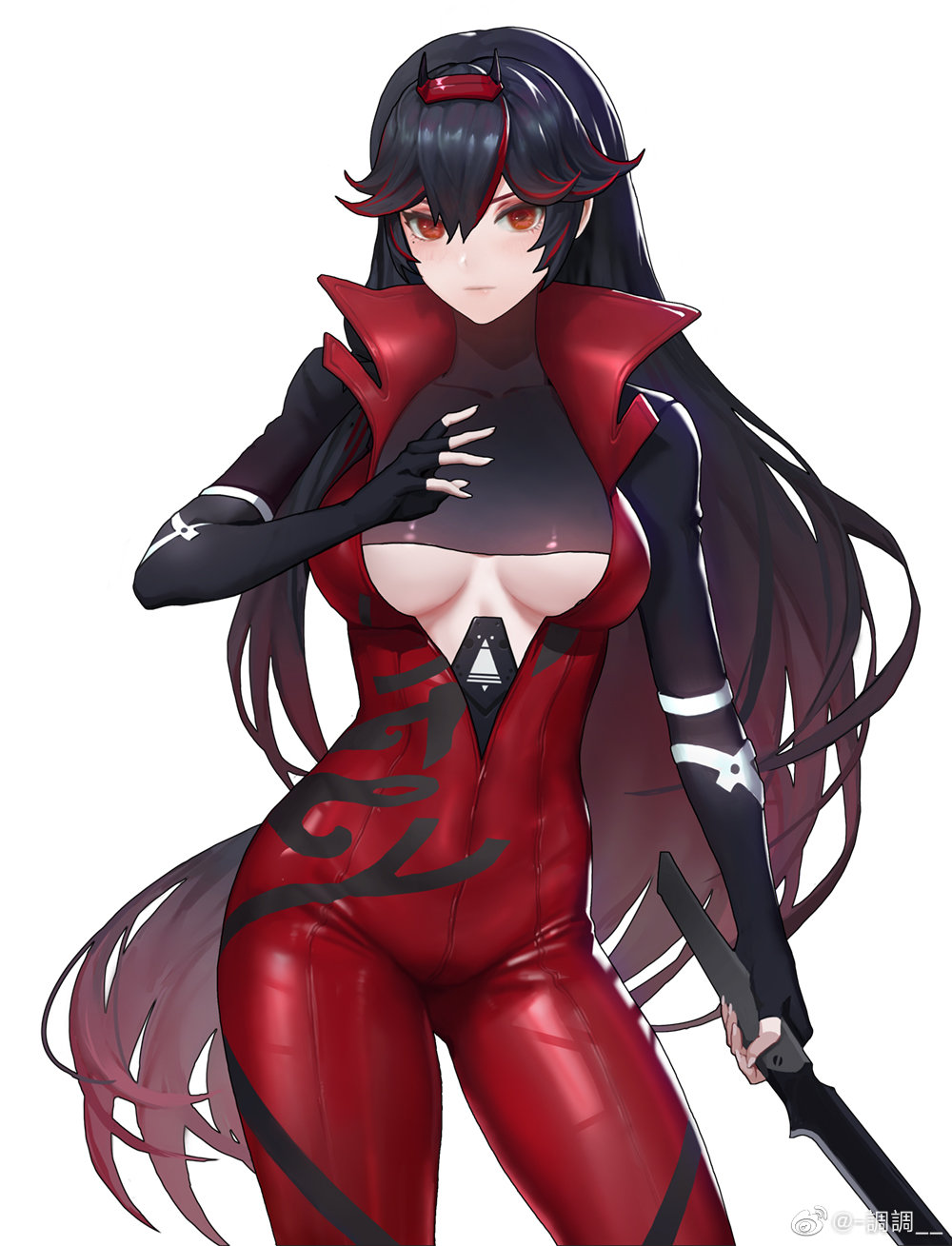 1girl black_hair bodysuit breasts closed_mouth contrapposto cowboy_shot diaodiao fingerless_gloves gloves headpiece highres large_breasts long_hair looking_at_viewer lucia_(punishing:_gray_raven) mole mole_under_eye multicolored_hair punishing:_gray_raven red_eyes redhead simple_background solo streaked_hair sword under_boob very_long_hair weapon weibo_username white_background