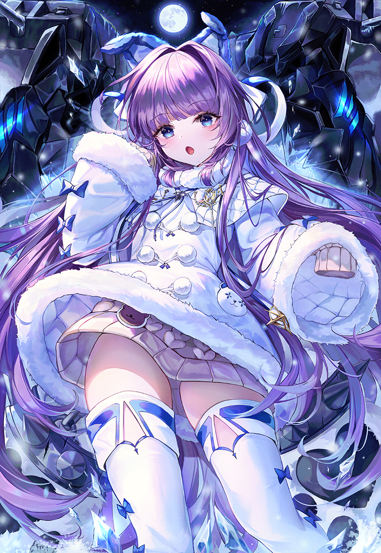 1girl azur_lane bangs blue_eyes blush brown_sweater commentary_request dress eyebrows_visible_through_hair full_moon fur-trimmed_dress fur-trimmed_sleeves fur_trim hair_intakes hand_up long_hair long_sleeves looking_at_viewer moon narae open_mouth purple_hair sleeves_past_fingers sleeves_past_wrists solo spikes sweater tashkent_(azur_lane) thigh-highs very_long_hair white_dress white_legwear