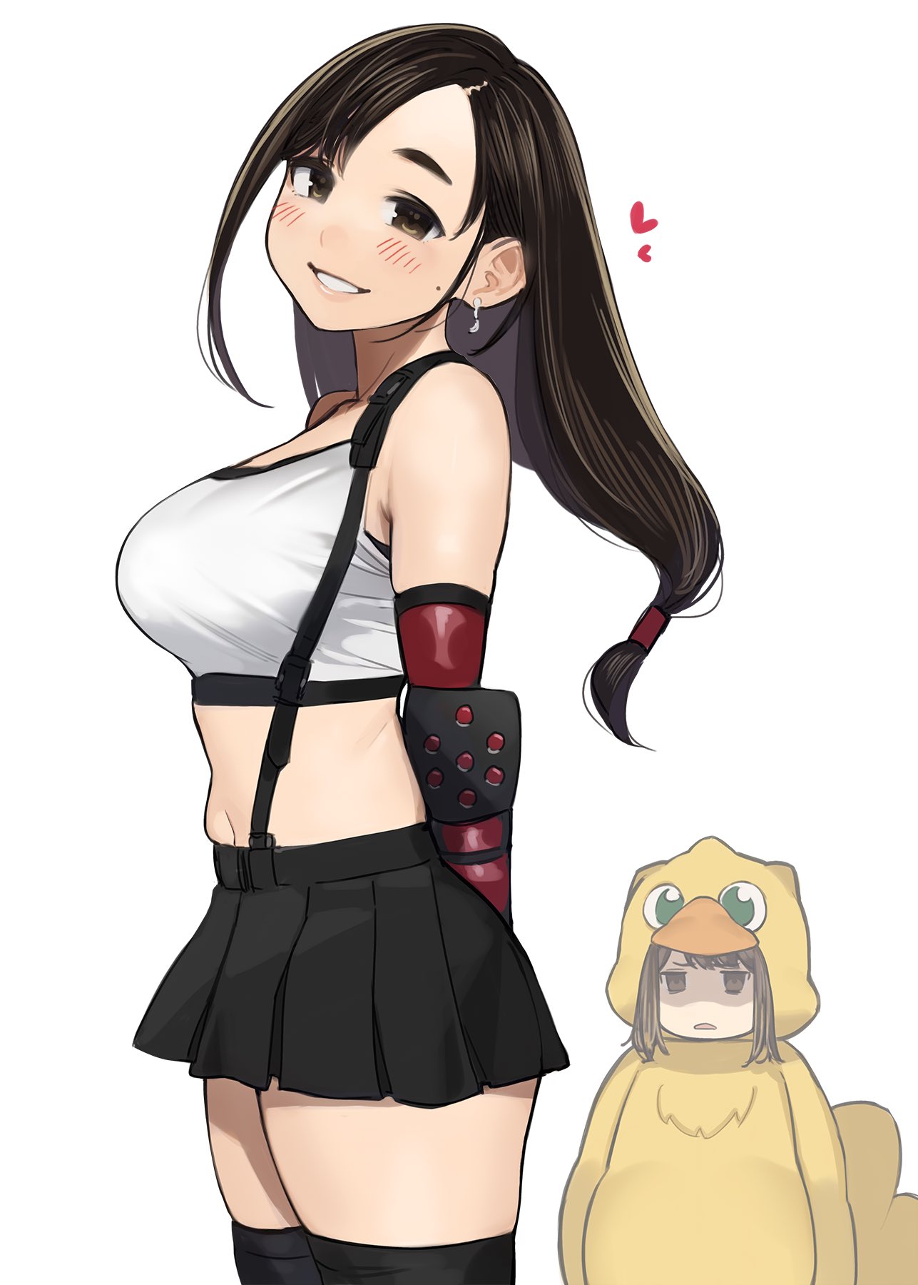 2girls :0 :d =d arms_behind_back bangs bird_costume black_legwear black_skirt blush breasts brown_eyes brown_hair chocobo cosplay crop_top earrings elbow_gloves final_fantasy final_fantasy_vii final_fantasy_vii_remake gloves green_eyes heart highres jewelry large_breasts long_hair looking_at_viewer mole multiple_girls office_lady's_rival_(yomu_(sgt_epper)) office_lady_(yomu_(sgt_epper)) open_mouth original pleated_skirt red_gloves shaded_face simple_background skirt sleeveless smile suspender_skirt suspenders teeth thick_eyebrows thigh-highs tied_hair tifa_lockhart tifa_lockhart_(cosplay) white_background white_crop_top yomu_(sgt_epper)