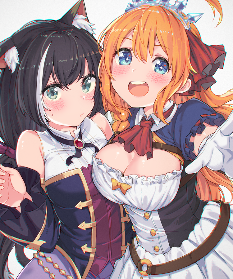 2girls :d ahoge animal_ear_fluff animal_ears aqua_eyes ascot bangs bare_shoulders belt black_hair blue_eyes blush bow braid breasts brooch cat_ears cat_girl cat_tail closed_mouth corset detached_sleeves dress eyebrows_visible_through_hair frilled_sleeves frills gloves hair_ribbon haruken jewelry kyaru_(princess_connect) long_hair long_sleeves looking_at_viewer low_twintails multicolored_hair multiple_girls open_mouth orange_bow orange_hair outstretched_arm pecorine princess_connect! princess_connect!_re:dive purple_ribbon red_neckwear ribbon ribbon-trimmed_sleeves ribbon_trim round_teeth short_sleeves side_braid small_breasts smile sparkling_eyes streaked_hair sweat tail teeth tiata twintails upper_body upper_teeth v-shaped_eyebrows very_long_hair white_dress white_gloves white_hair