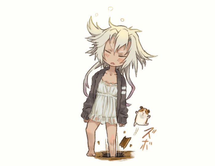 1girl barefoot dark_skin hair_flaps hamster kantai_collection motion_lines musashi_(kantai_collection) otoufu platinum_blonde_hair sleepwear sleepy solo stomping