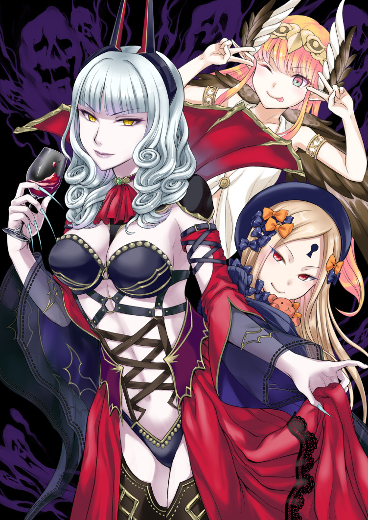 3girls abigail_williams_(fate/grand_order) aqua_eyes armlet bangs black_bow black_headwear black_legwear blonde_hair blush bow breasts brown_wings carmilla_(fate/grand_order) circe_(fate/grand_order) closed_mouth cup curly_hair double_v dress drinking_glass fate/grand_order fate_(series) feathered_wings fingernails forehead hair_bow hat head_wings headpiece keyhole large_breasts long_hair long_sleeves looking_at_viewer multicolored multicolored_eyes multiple_bows multiple_girls navel ogino_minoru one_eye_closed orange_bow pale_skin parted_bangs pink_eyes pink_hair pointy_ears polka_dot polka_dot_bow red_dress red_eyes ribbed_dress sharp_fingernails sidelocks silver_hair smile stuffed_animal stuffed_toy teddy_bear thigh-highs tongue tongue_out v very_long_fingernails wide_sleeves wings yellow_eyes
