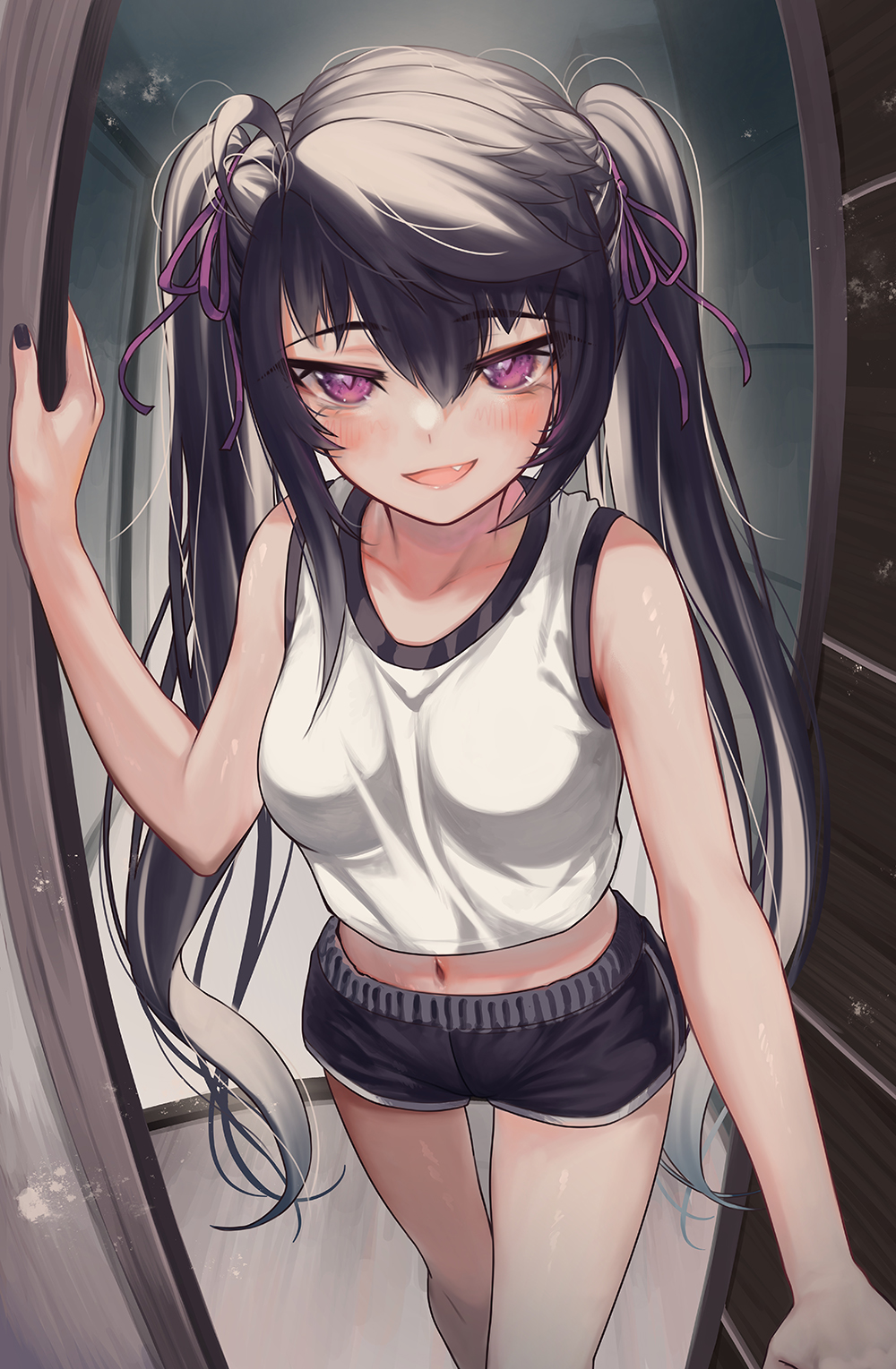 1girl bangs bare_arms black_hair black_nails black_shorts blush breasts commentary_request dolphin_shorts eyebrows_visible_through_hair fang hair_between_eyes hair_ribbon highres long_hair looking_at_viewer medium_breasts midriff nail_polish navel open_door open_mouth original partial_commentary priite_hari_(torriet) purple_ribbon revision ribbon shirt short_shorts shorts sidelocks sleeveless sleeveless_shirt smile solo standing torriet twintails very_long_hair violet_eyes white_shirt