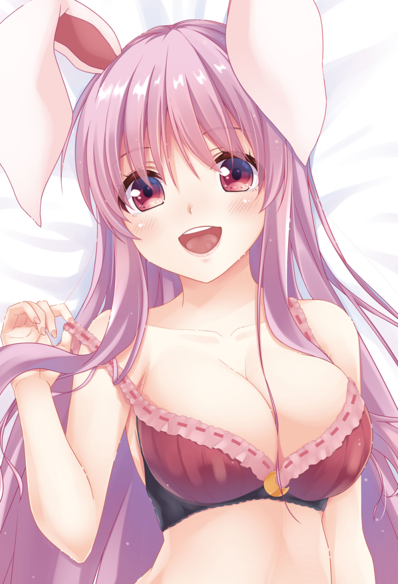 1girl :d animal_ears bangs bare_arms bare_shoulders bed_sheet blush bra breasts collarbone commentary_request eyebrows_visible_through_hair hair_between_eyes hand_up kue large_breasts long_hair looking_at_viewer lying on_back open_mouth purple_bra purple_hair rabbit_ears red_eyes reisen_udongein_inaba sidelocks smile solo stomach strap_pull touhou underwear upper_body