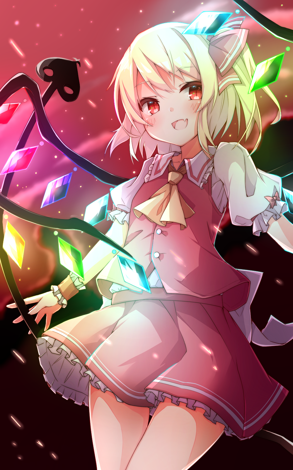 1girl ascot blonde_hair blush buttons cowboy_shot fang flandre_scarlet highres laevatein looking_at_viewer medium_hair nankotsu one_side_up open_mouth puffy_sleeves red_background red_eyes red_skirt red_vest shirt skin_fang skirt skirt_set slit_pupils smile solo touhou vest white_shirt wings wrist_cuffs yellow_neckwear