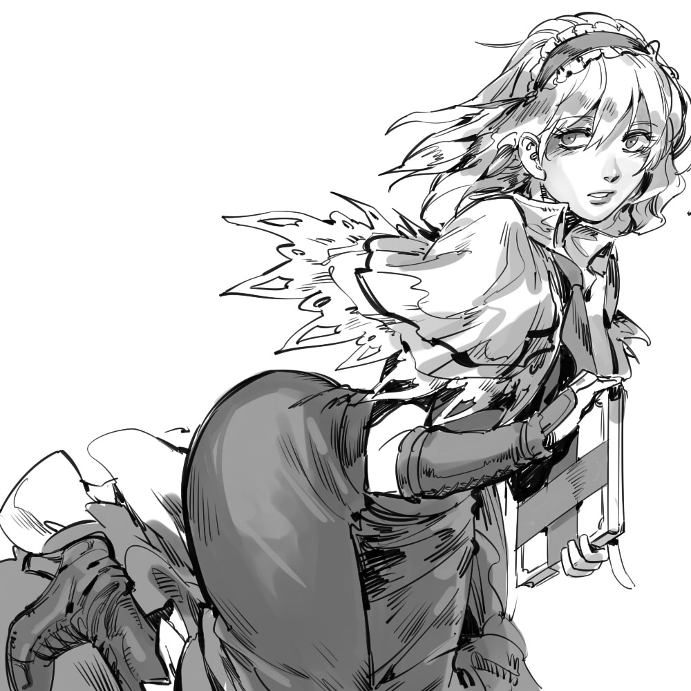 1girl alice_margatroid book boots bracer capelet frilled_hairband frills greyscale hairband high_heel_boots high_heels holding holding_book monochrome parted_lips ruukii_drift short_hair simple_background skirt solo touhou white_background