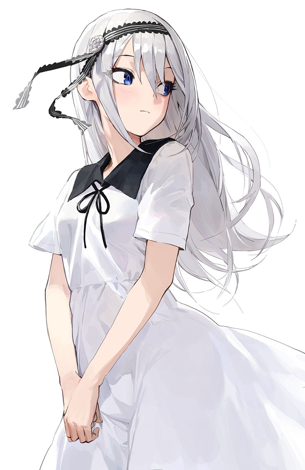 1girl bangs between_breasts black_neckwear blue_eyes blush breasts closed_mouth dress eyes_visible_through_hair hair_between_eyes hairband hands_together highres kaguya-sama_wa_kokurasetai_~tensai-tachi_no_renai_zunousen~ long_hair mossi necktie necktie_between_breasts shirogane_kei short_sleeves silver_hair simple_background small_breasts solo white_background white_dress