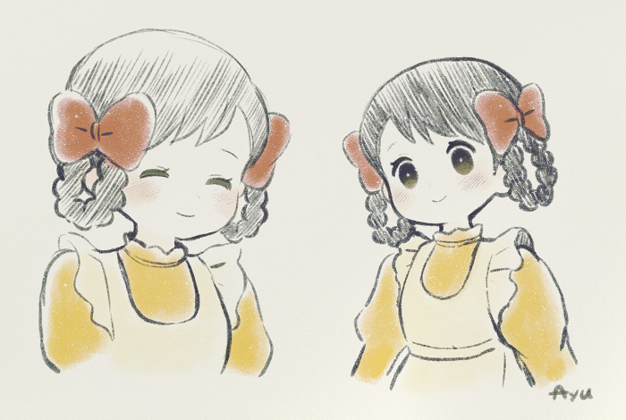1girl apron ayu_(mog) black_hair blush bow braid bright_pupils brown_eyes closed_mouth dress english_commentary grey_background hair_bow looking_at_viewer mixed-language_commentary original red_bow simple_background smile spot_color twin_braids white_apron yellow_dress