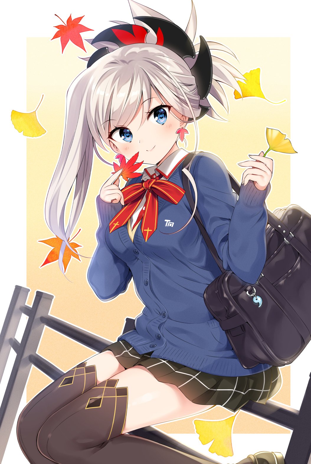 1girl bag blue_eyes closed_mouth collared_shirt earrings falling_leaves fate/grand_order fate_(series) fence hair_ornament hanabana_tsubomi highres iron_fence jewelry leaf long_hair looking_at_viewer maple_leaf miyamoto_musashi_(fate) red_ribbon ribbon school_bag school_uniform shirt shoulder_bag sitting skirt sleeves_past_wrists smile solo sweater thigh-highs white_hair