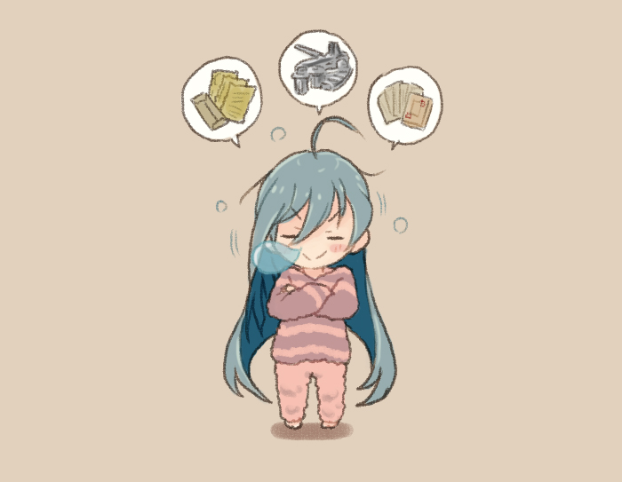 1girl ahoge commentary_request crossed_arms dreaming full_body grey_hair kantai_collection kiyoshimo_(kantai_collection) long_hair nose_bubble otoufu pajamas shirt sleeping sleeping_upright solo striped striped_shirt very_long_hair