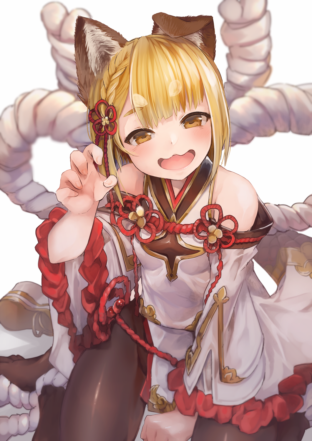 1girl :3 animal_ears bangs bare_shoulders blonde_hair blunt_bangs blurry blush braid breasts brown_eyes brown_legwear claw_pose clenched_hand depth_of_field detached_sleeves dog_ears erune eyebrows_visible_through_hair french_braid granblue_fantasy hair_ornament highres japanese_clothes looking_at_viewer nigo open_mouth pantyhose rope shimenawa short_hair sitting small_breasts smile solo vajra_(granblue_fantasy) wariza white_background wide_sleeves