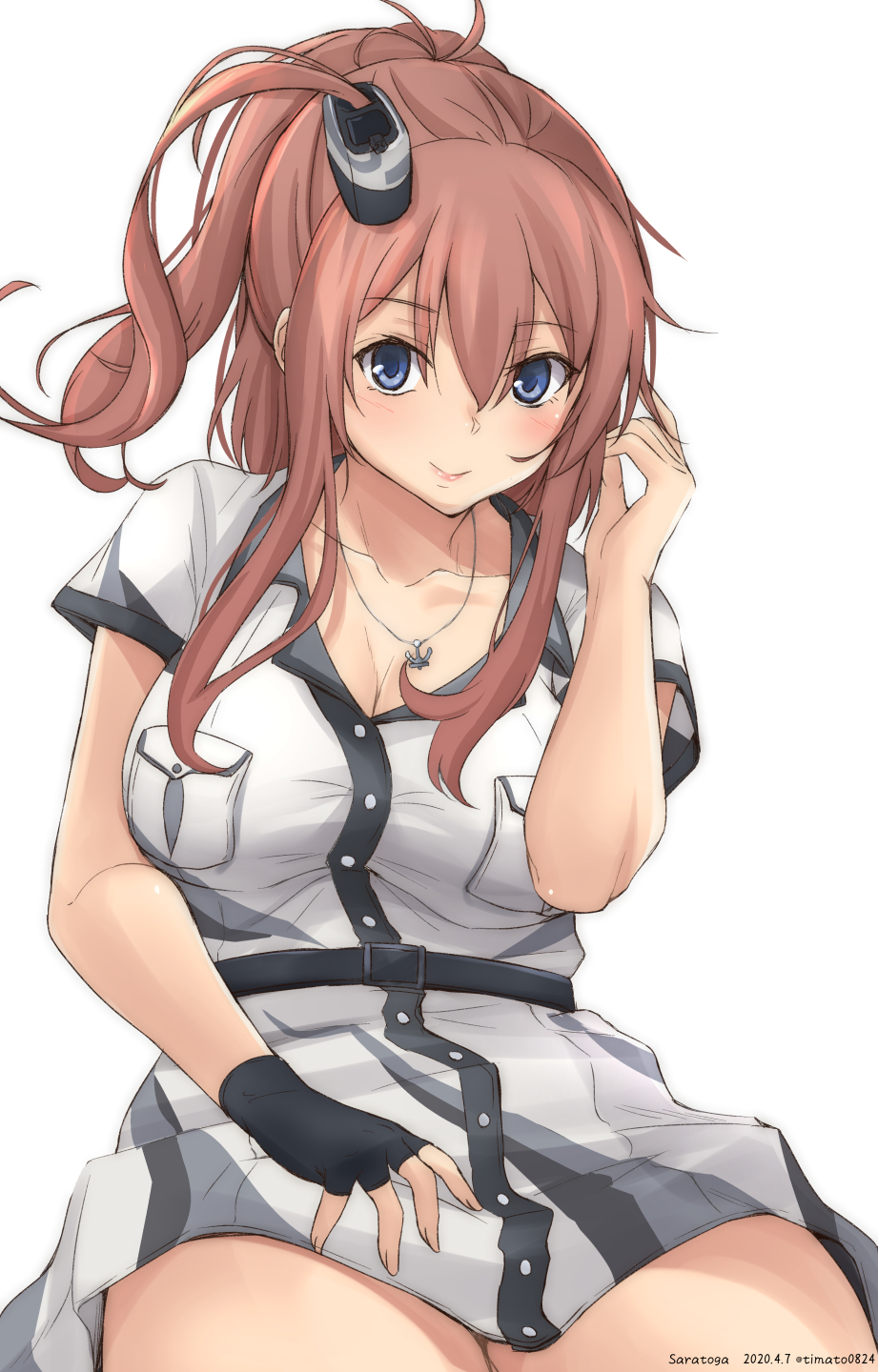 1girl anchor_necklace black_gloves blue_eyes blush breast_pocket breasts brown_hair character_name dated dress fingerless_gloves gloves hair_between_eyes highres kantai_collection large_breasts looking_at_viewer pocket remodel_(kantai_collection) saratoga_(kantai_collection) side_ponytail sidelocks simple_background single_glove smile smokestack_hair_ornament solo timato twitter_username white_background white_dress