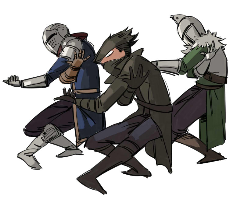 3boys armor assassin's_creed_(series) bearer_of_the_curse bloodborne boots breastplate brown_footwear chosen_undead coat covered_mouth crossover dancing dark_souls dark_souls_ii fur_trim gauntlets hat helmet hunter_(bloodborne) jojo_no_kimyou_na_bouken male_focus mask mouth_mask multiple_boys open_clothes open_coat parody ruukii_drift simple_background souls_(from_software) standing touhou tricorne vento_aureo waist_cape white_background